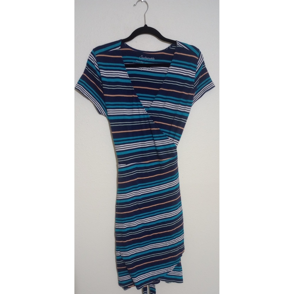 Pact Organic Cotton Wrap Dress Womens Medium Blue Striped Short Sleeve V-Neck